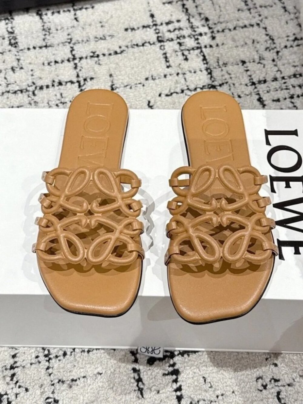 Loewe Tan Anagram Leather Slide Sandals - Original Box